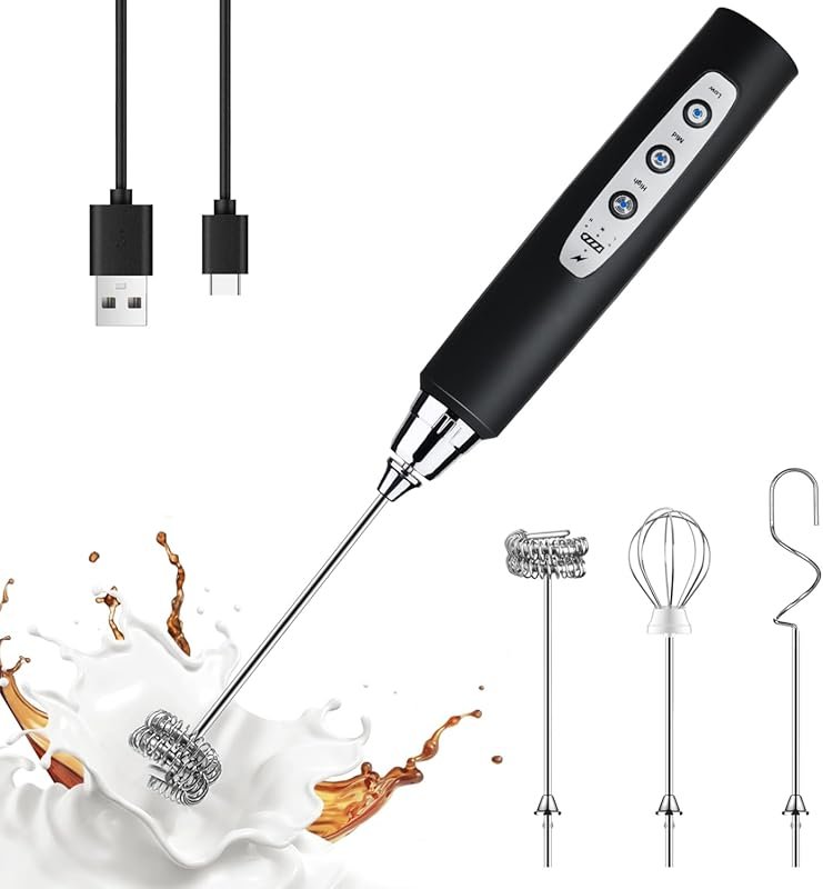 YUSWKO Handheld Electric Frother with 3 Heads & 3 Speeds for Lattes, C