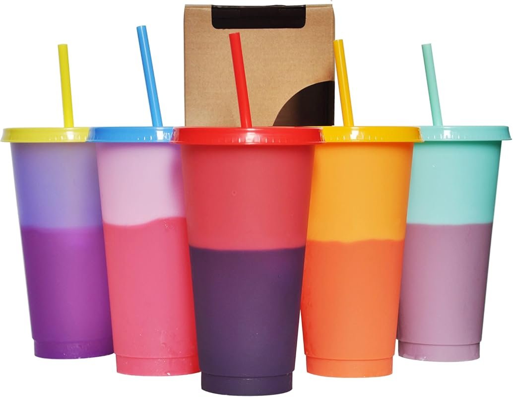 Color Changing 5-Pack 24oz Reusable Plastic Tumblers with Lids and Str