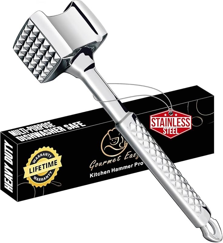Premium Stainless Steel Dual-Sided Meat Mallet with Non-Slip Grip & Li