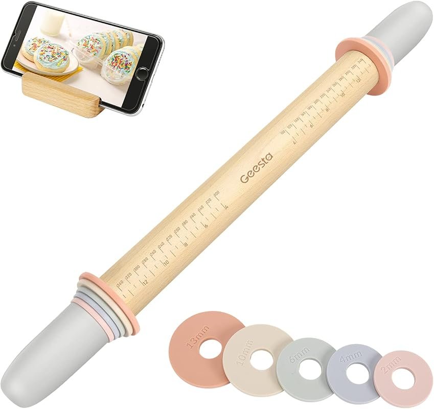 Geesta Adjustable Wood Rolling Pin with 5 Thickness Rings & Measuremen