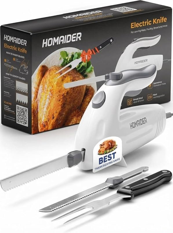 Homaider Electric Knife with 2 Stainless Steel Blades & Serving Fork f