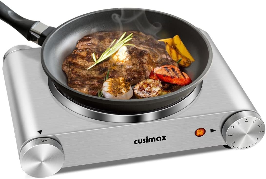 CUSIMAX 1500W Electric Burner, Fast Heat-Up, Adjustable Temp, Silver S