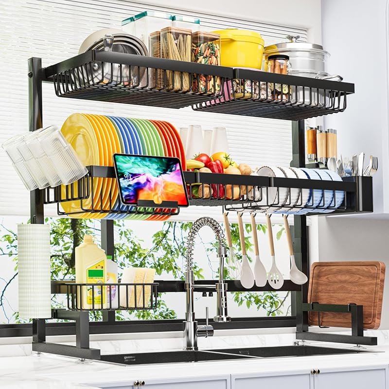 ADBIU Snap-On 2-Tier Expandable Over Sink Dish Rack, Adjustable Height