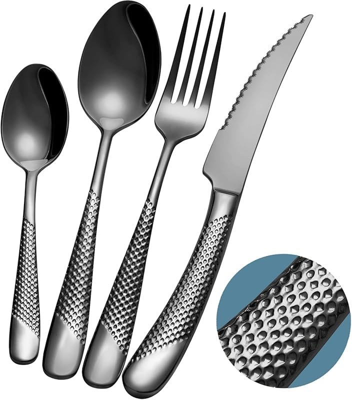 16-Piece Black Hammered Titanium Plated Silverware Set for 4, Ultra Sh