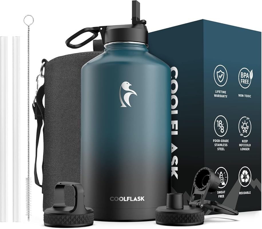 Coolflask 128 oz Insulated Water Jug with Straw & 3 Lids – Large Stain