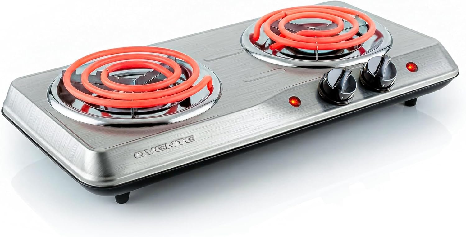 OVENTE Double Countertop Burner, 1700W Coil Plates, 5-Temp Control, Ea