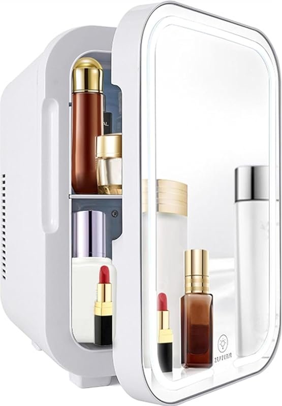 Mini Fridge with Mirror Door & Adjustable LED Lights, 8L Cosmetic Skin