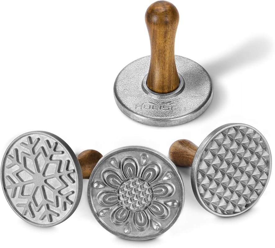 HULISEN Set of 4 Metal Cookie Press Molds with Wooden Handles, Ideal f