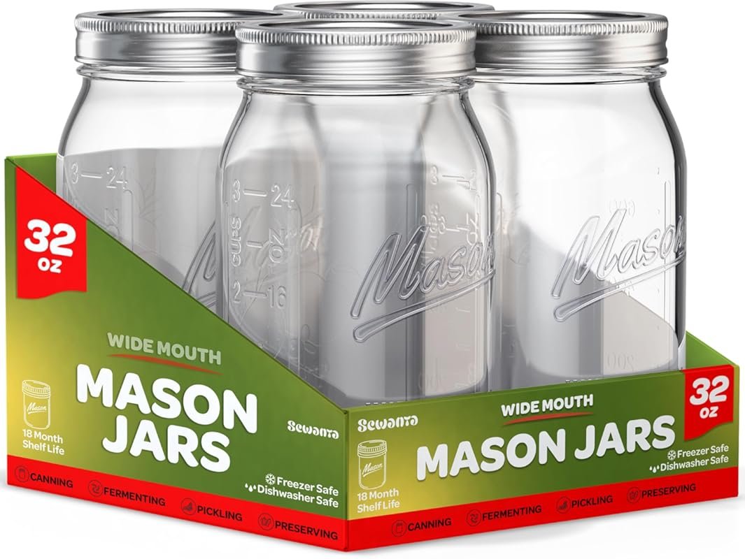 SEWANTA 4 Pack 32 oz Wide Mouth Mason Jars with Lids – For Canning, Fe
