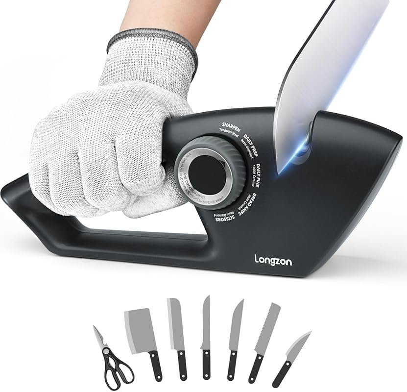 Longzon 6-in-1 5-Stage Knife Sharpener with Cut-Resistant Glove, Safel