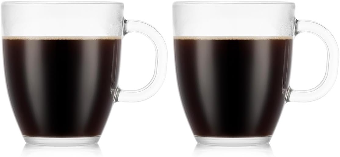 Bodum Bistro Single-Wall Tempered Glass Coffee Mug, Clear, 12oz, 2-Pac