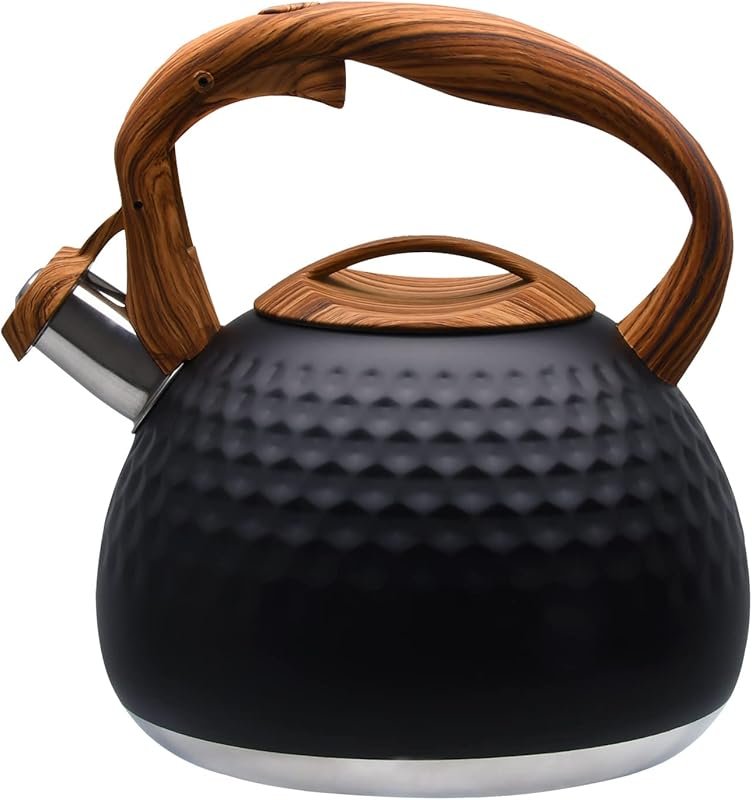 GGC Heavy Stainless Steel Whistling Tea Kettle, 3.1 Quart, Wood Patter