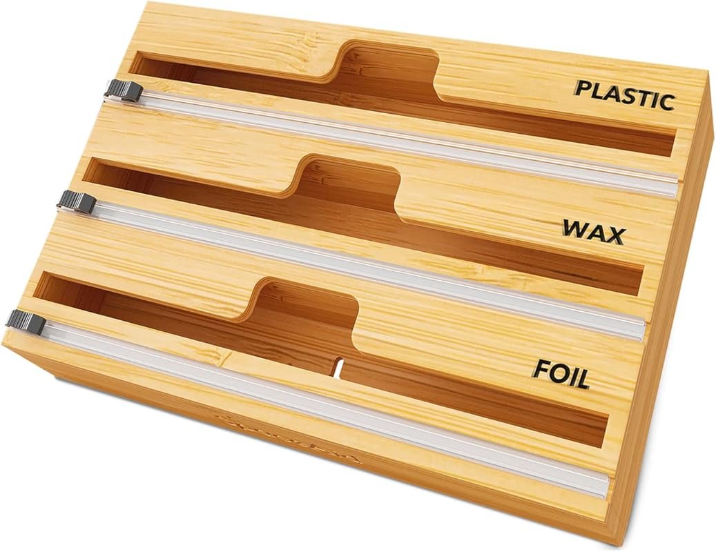 SpaceAid WrapNeat 3-in-1 Wrap Organizer with Cutter and Labels – Bambo