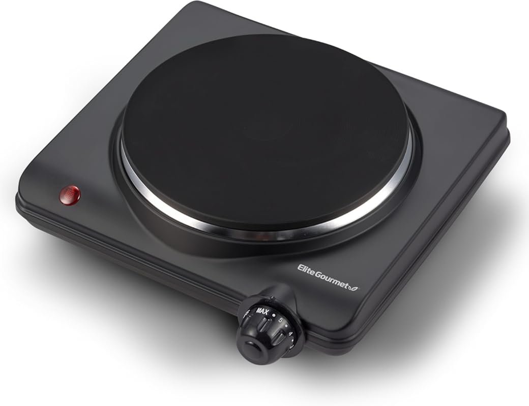 Elite Gourmet 1000W Compact Cast Iron Hot Plate with 7 Heat Settings –