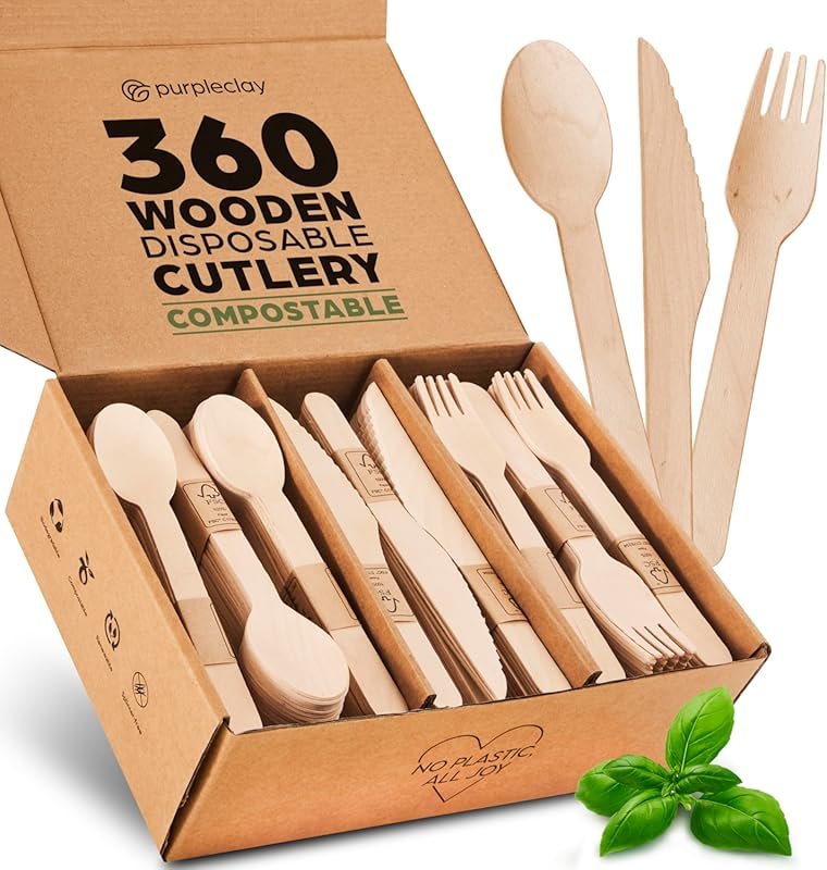Compostable Wooden Disposable Utensils – 360 PCS Eco-Friendly Plastic-