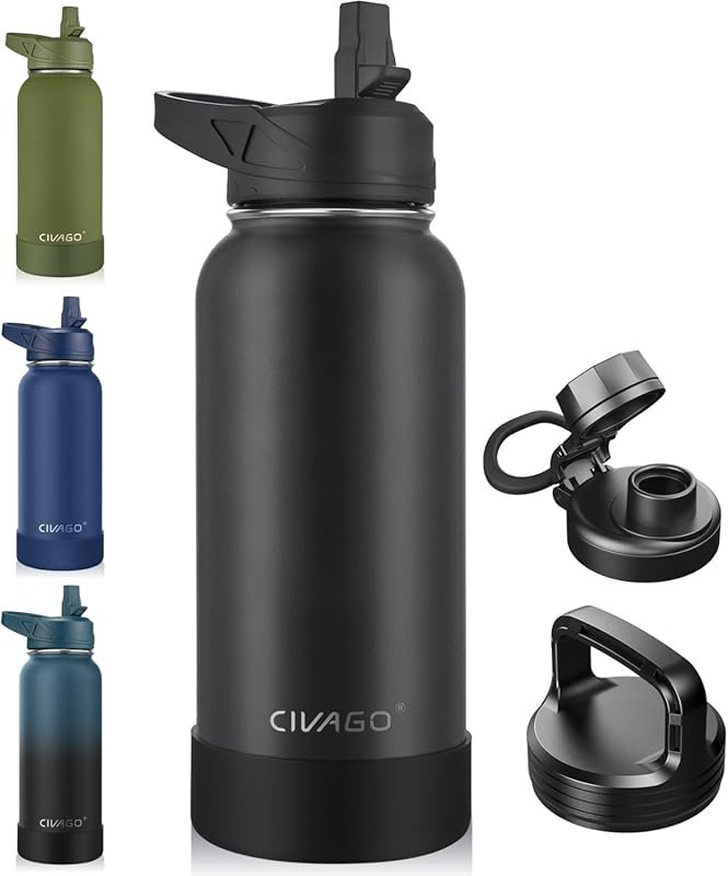 CIVAGO 32 oz Insulated Stainless Steel Water Bottle with 3 Lids, Wide 