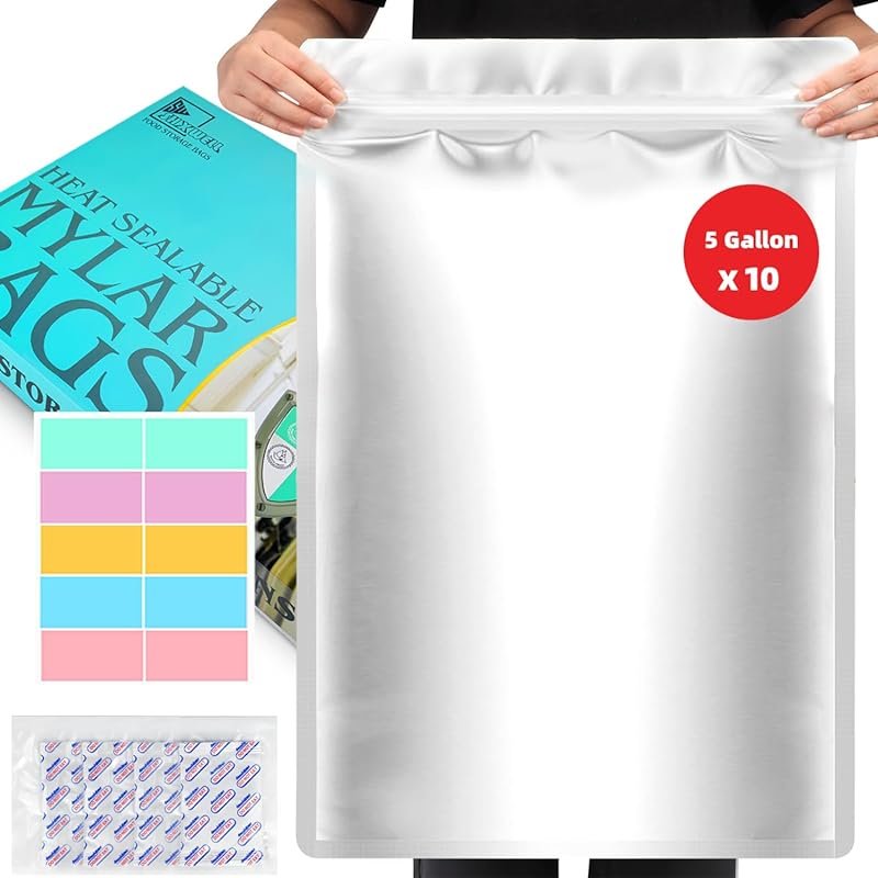10-Pack 5 Gallon Mylar Bags with 2500cc Oxygen Absorbers, Zipper Resea