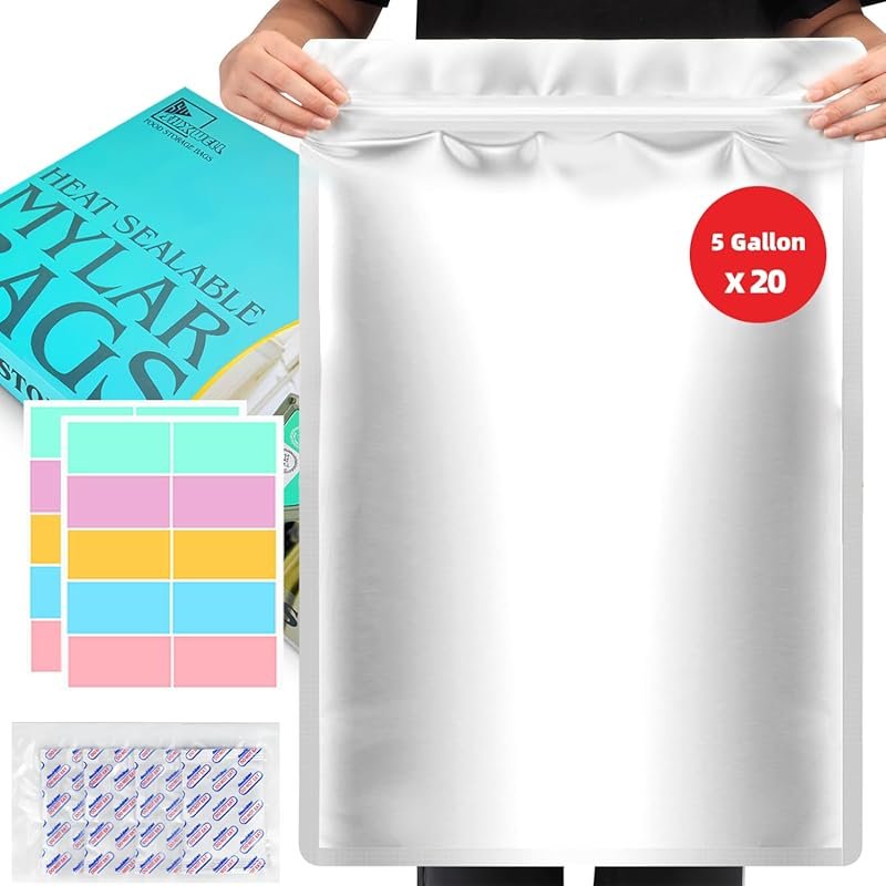 20-Pack 5 Gallon Mylar Bags with 2500cc Oxygen Absorbers, Zipper Resea
