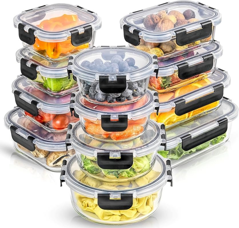 JoyJolt Borosilicate Glass Containers – 24PC Freezer & Pantry Safe Mea