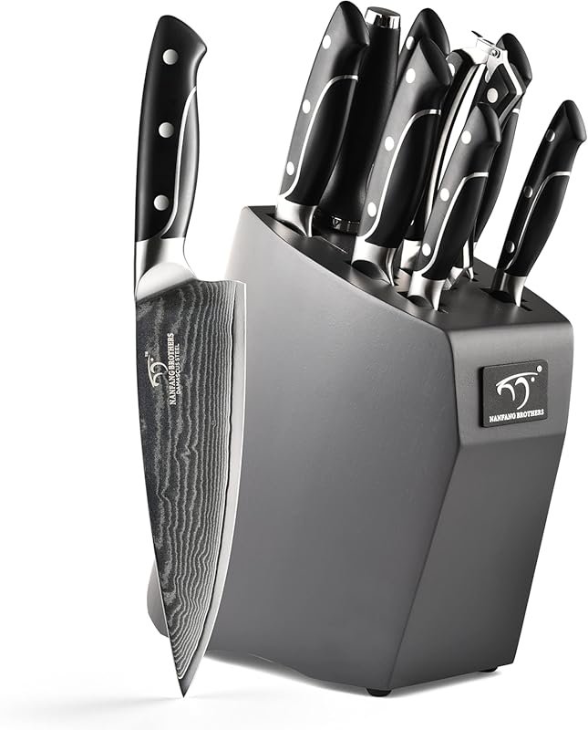 Damascus 9-Piece Kitchen Knife Set with Block and Sharpener, ABS Ergon