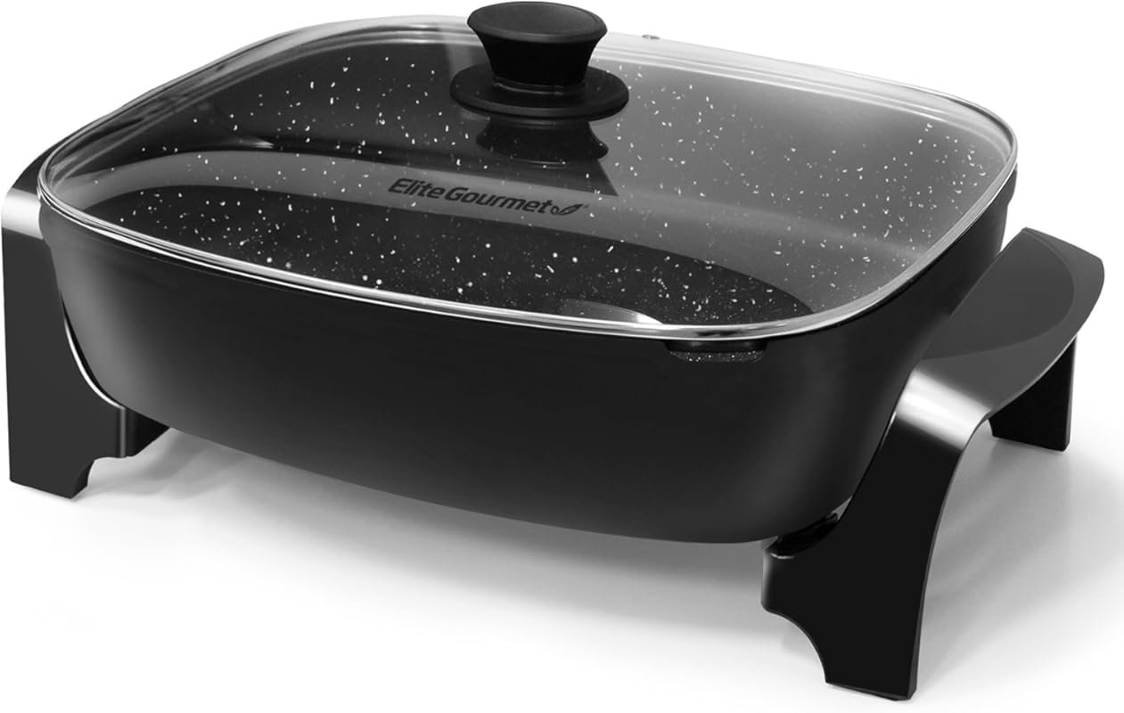 Extra Deep 10.5Qt Non-Stick Electric Skillet with Pour Spout & Glass L