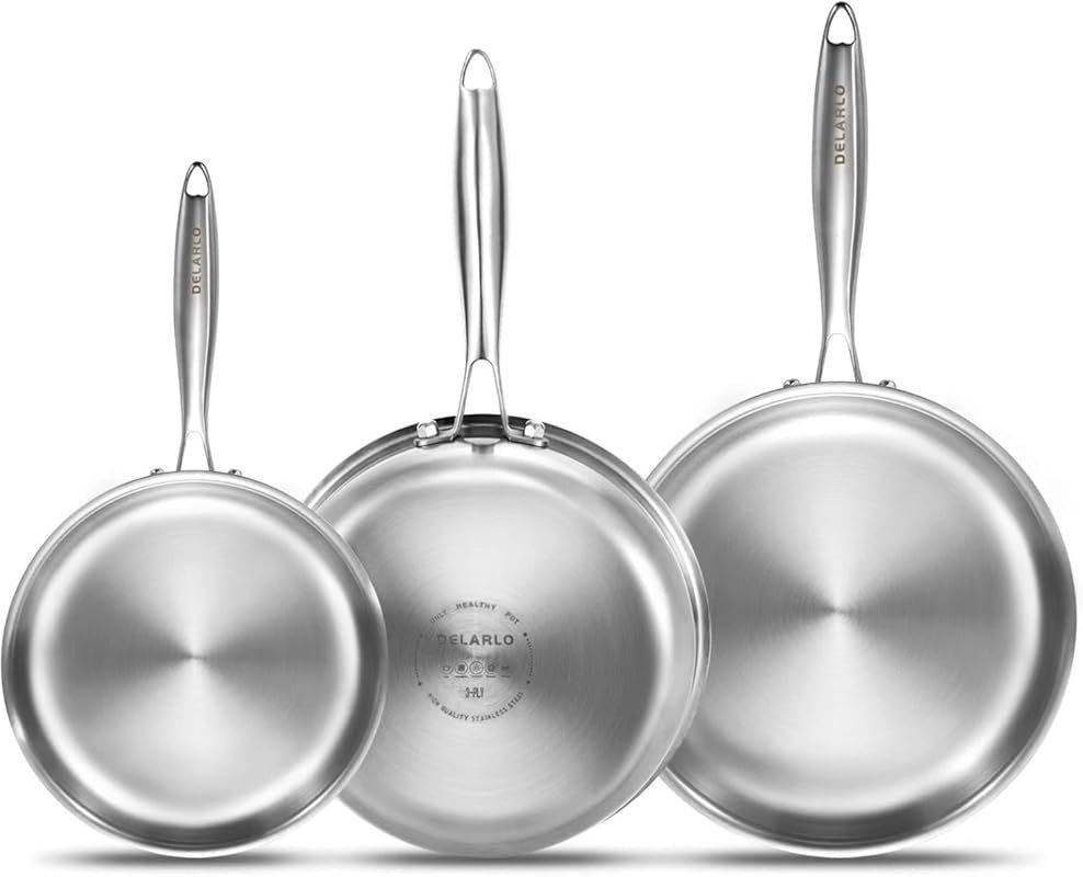 DELARLO Whole Body Tri-Ply Stainless Steel Frying Pan Set, 8”/10”/12”,