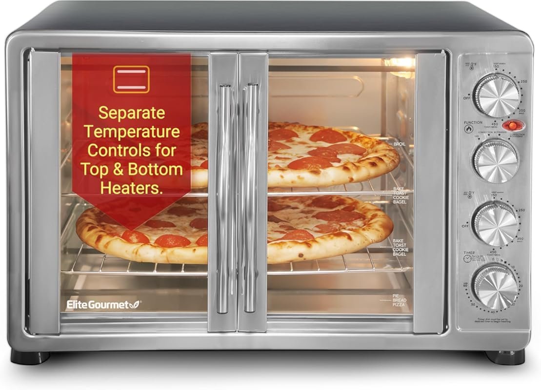Elite Gourmet French Door 47.5Qt Convection Oven – 18-Slice, Rotisseri