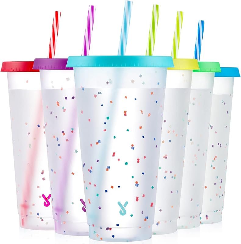 Meoky Confetti Color-Changing Reusable Coffee Cups with Lids & Straws,