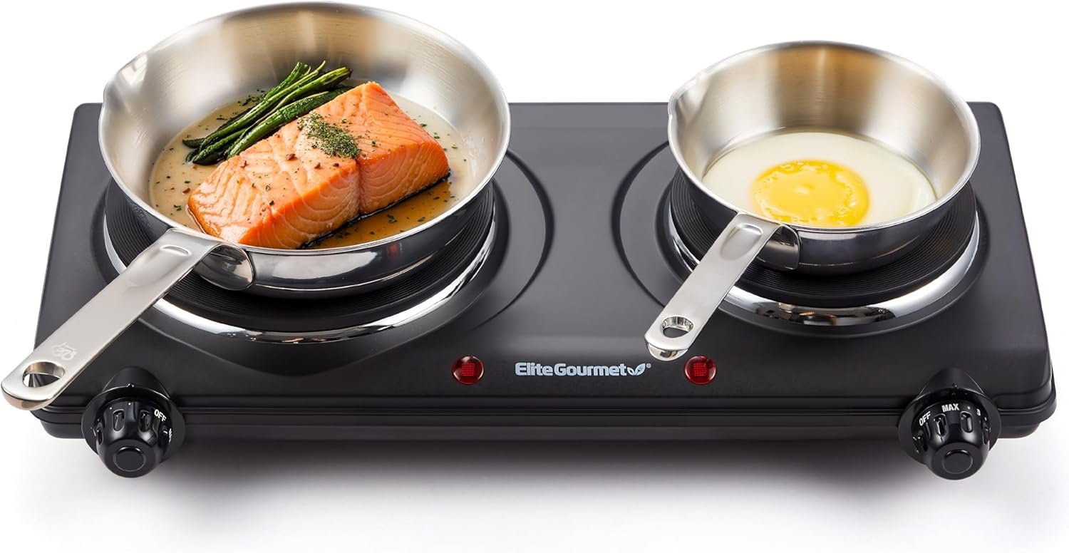 Elite Gourmet Double Cast Iron Burner 1500W with Temperature Controls 