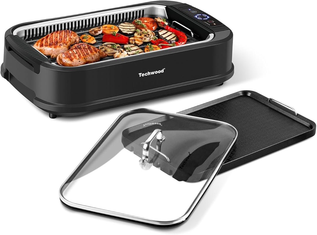 Techwood Indoor Smokeless Electric Korean BBQ Grill with Glass Lid & D
