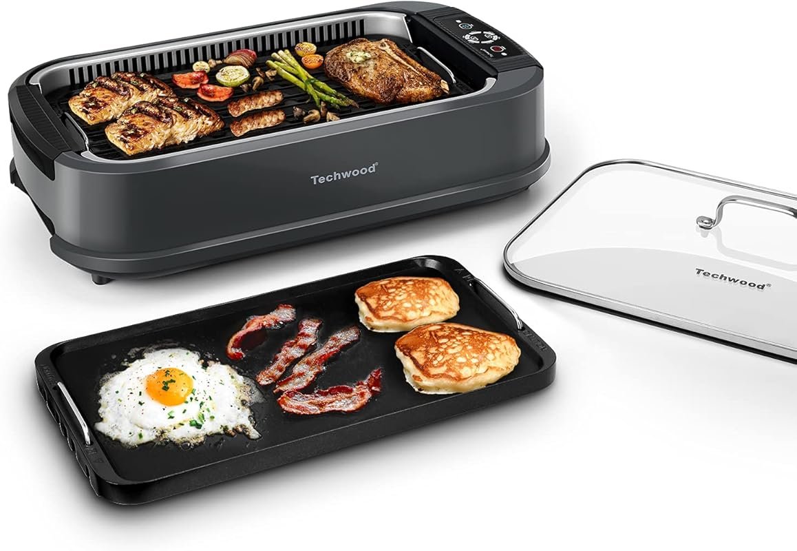 Techwood 1500W Smokeless Indoor Grill with 2-in-1 Plates & Glass Lid, 
