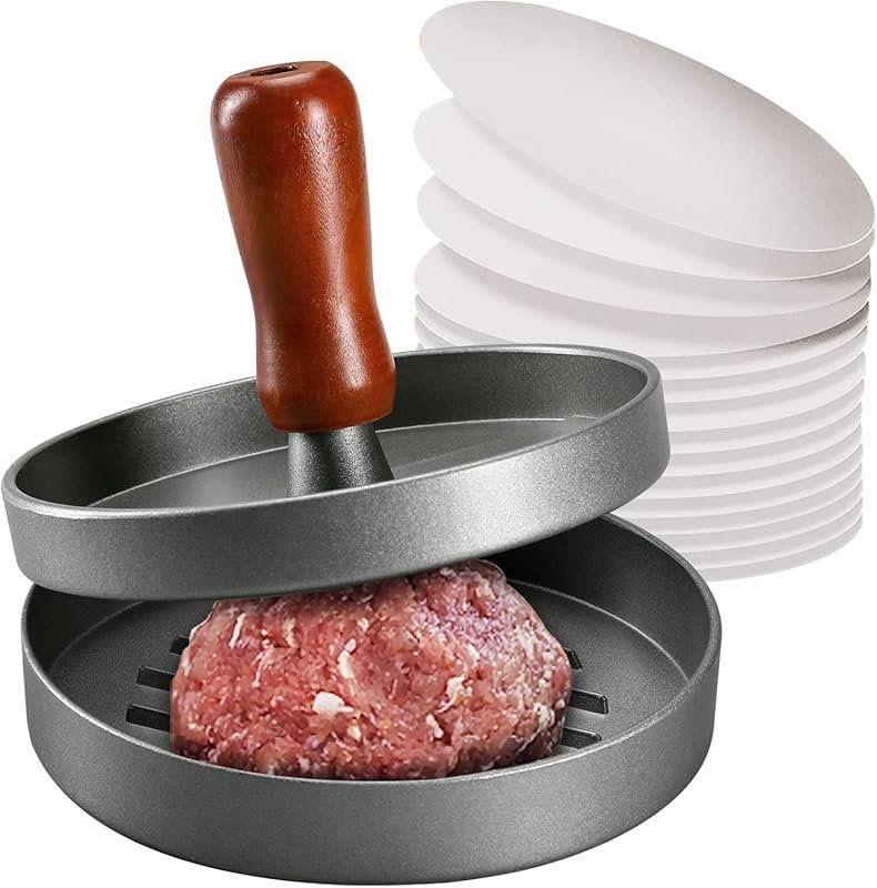 PIQUEBAR Stainless Steel Burger Press – Non-Stick with Wood Handle & 1