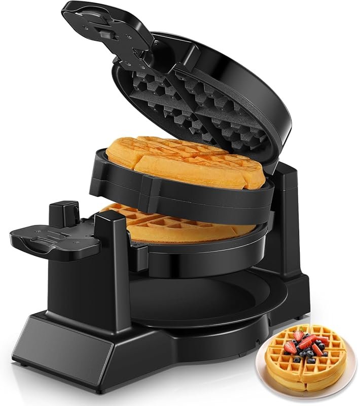 1400W Double Belgian Waffle Iron 180° Flip, 8 Slices in 3 Mins, Easy C