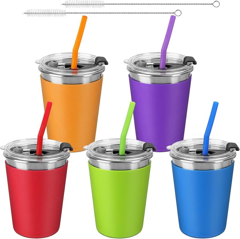 ShineMe 5Pack Kids Straw Cups, Spill Proof 12oz Unbreakable Stainless 
