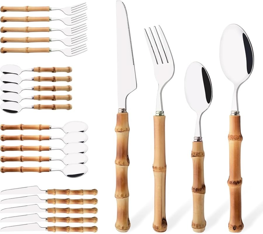 Modern Bamboo Handle Silverware Set – 24-Piece Stainless Steel Cutlery