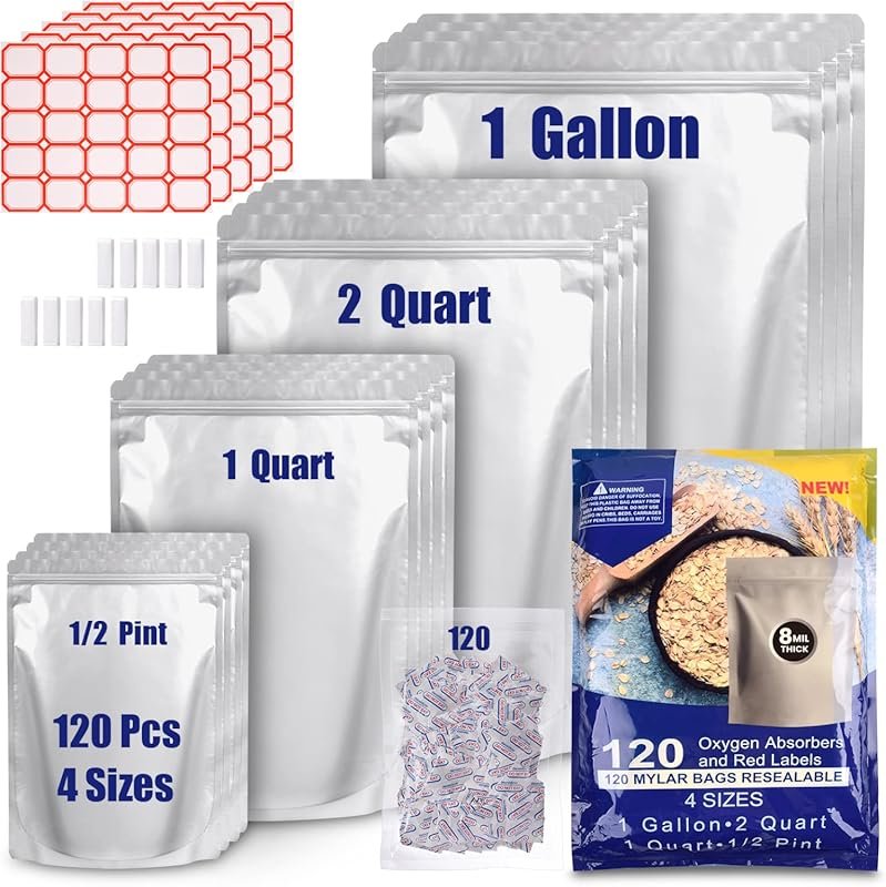 120 Mylar Bags with 300cc Oxygen Absorbers – 8 Mil, Multiple Sizes, Re