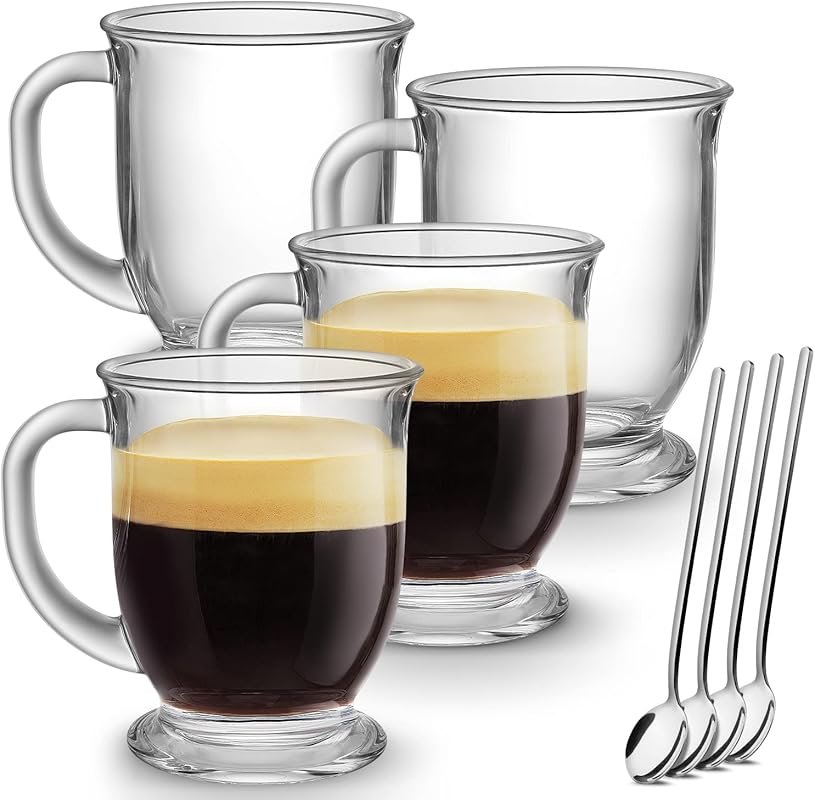 Mfacoy Set of 4 Large 15oz Clear Glass Coffee Mugs with Handles for Ho