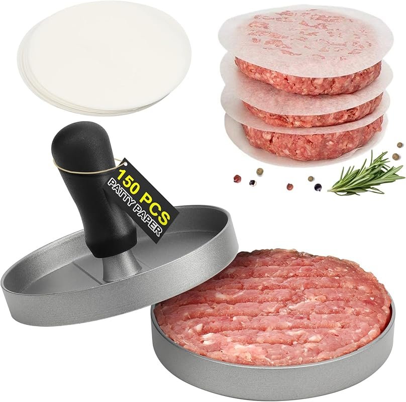 TACGEA Non-Stick Hamburger Patty Maker with 150 Wax Papers – Aluminum 