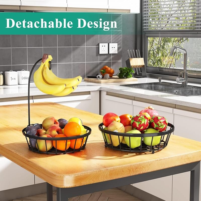 SAYZH 2-Tier Stackable Metal Fruit Basket with Banana Tree Hanger – Bl