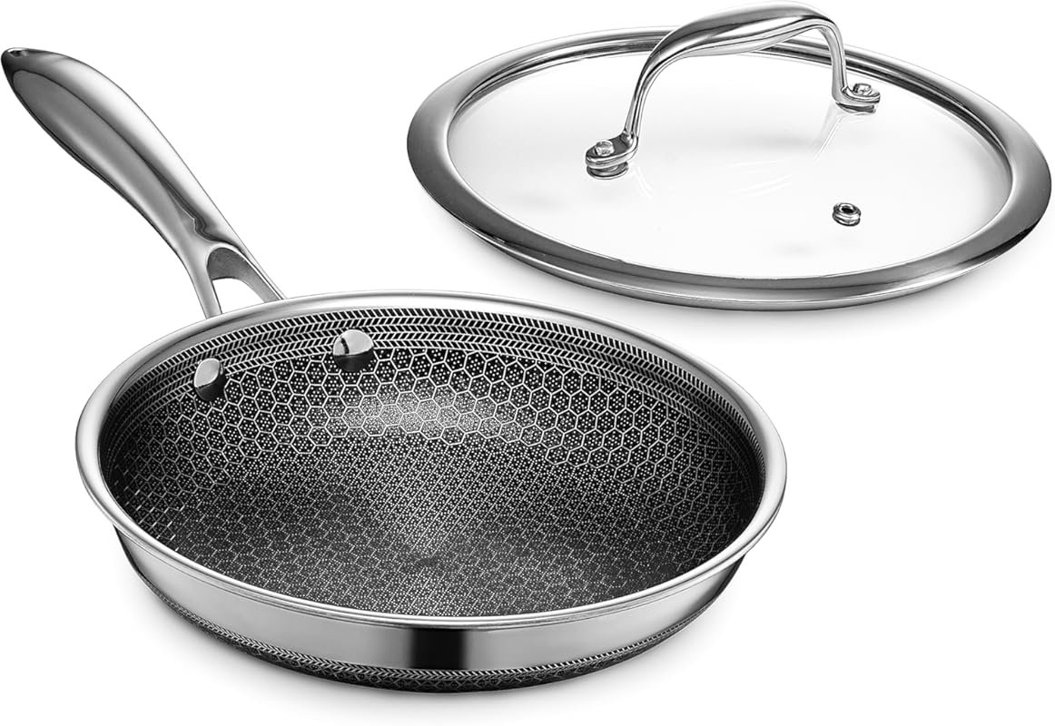 HexClad Hybrid Nonstick 8-Inch Frying Pan with Tempered Glass Lid, Sta