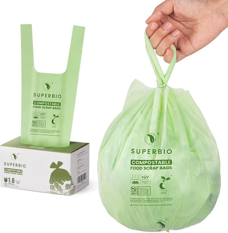 SUPERBIO 1.6 Gallon Compostable Food Scrap Bags, 50 Count Counter Top 