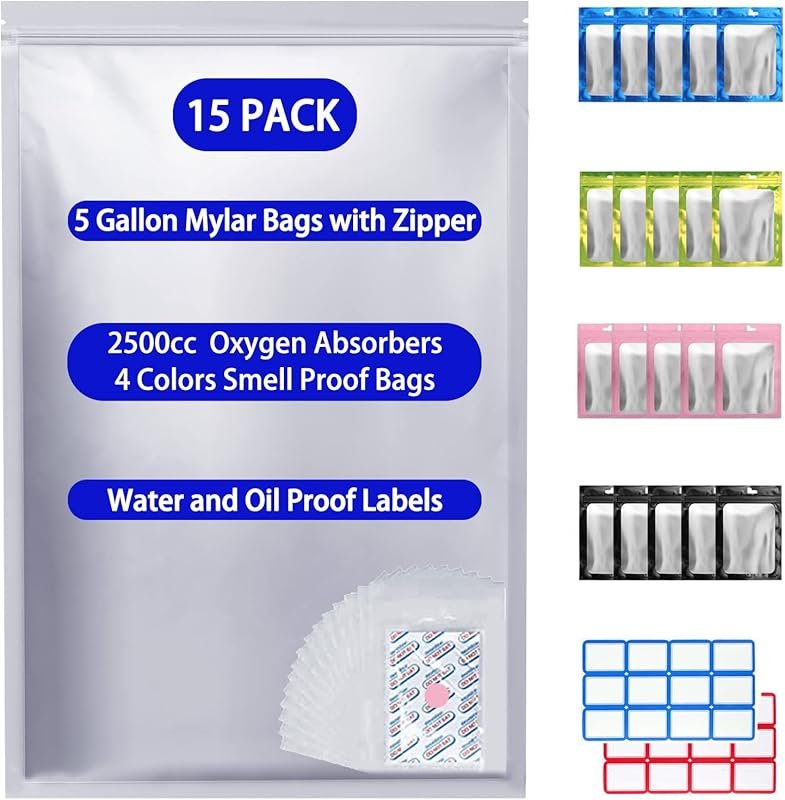 15-Pack 5 Gallon Mylar Bags with 2500cc Oxygen Absorbers, Zipper Resea