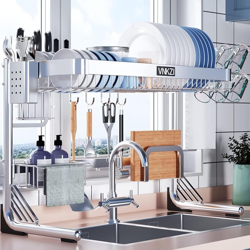 VNKZI Full Stainless Steel Expandable Over Sink Dish Rack, Adjustable 