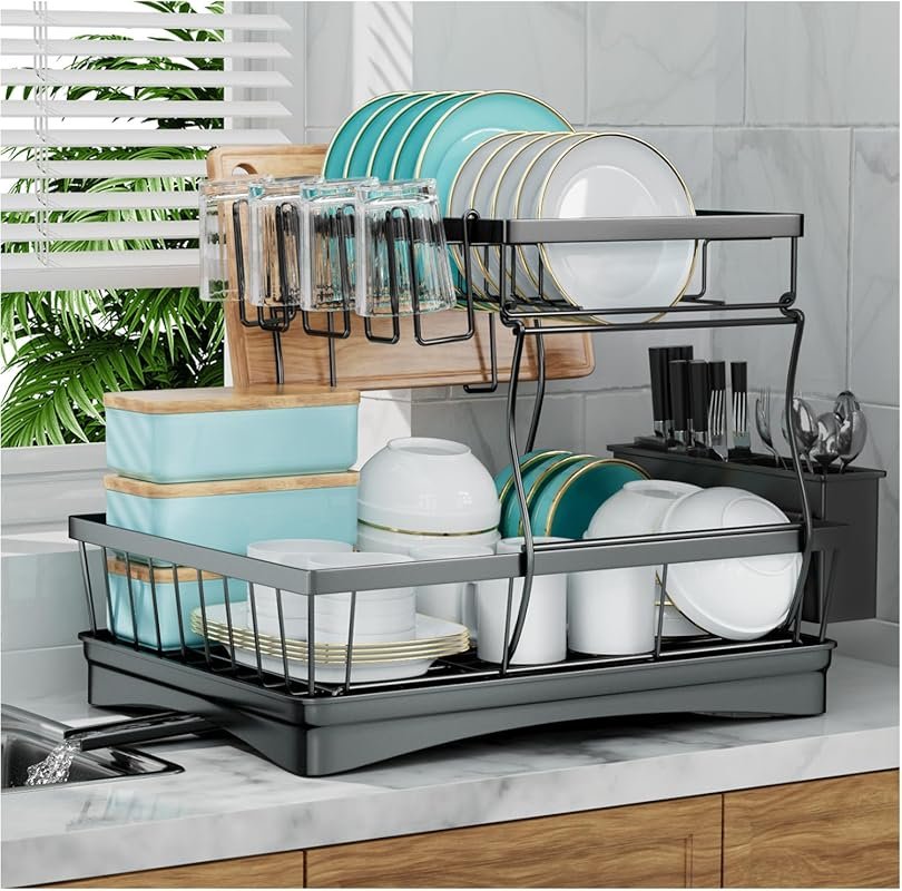 Detachable 2-tier large capacity dish drainer with utensil holder