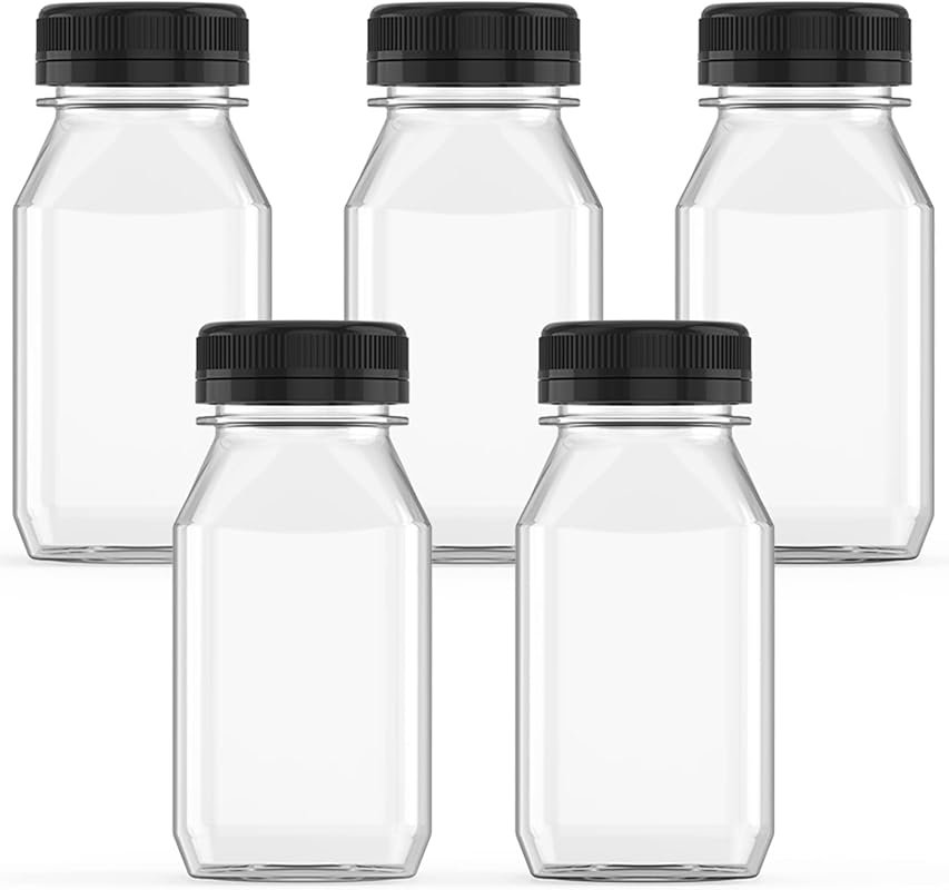 Hulless 5-Pack 8oz Plastic Juice Bottles with Black Lids for Juice, Sm