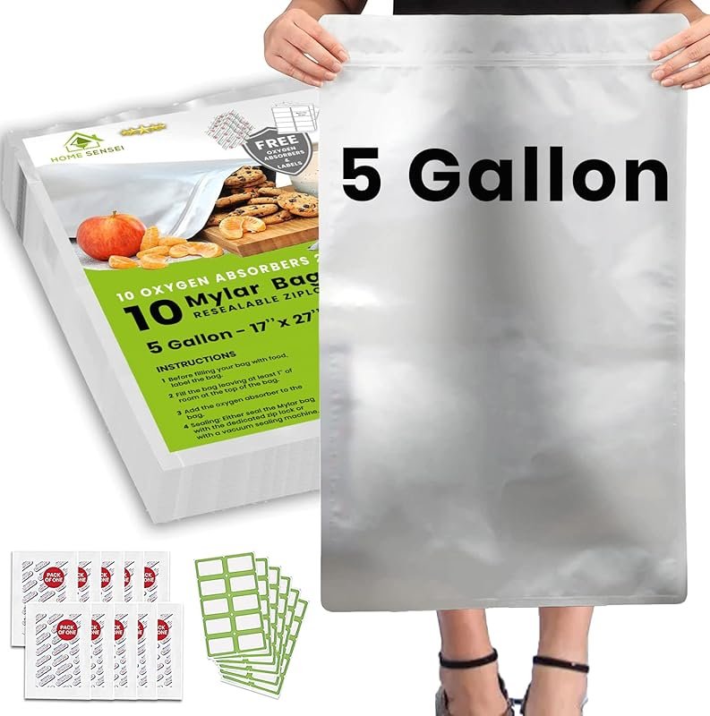 10-Pack 5-Gallon Mylar Food Storage Bags, 10-Mil Zipper Resealable wit