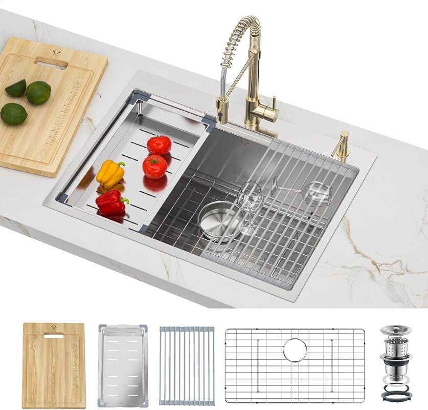 27 Inch Workstation Kitchen Sink, 16 Gauge Stainless Steel Drop-In Top