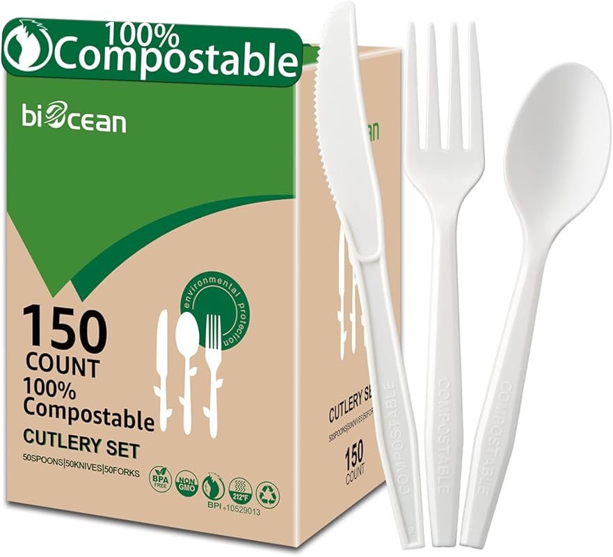 100% Compostable Heavyweight Disposable Utensils – 150 Count Eco-Frien