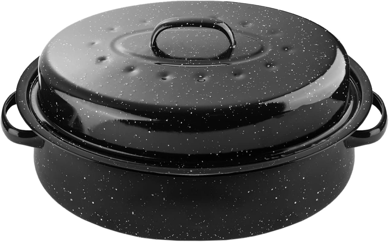 DIMESHY 18-Inch Enamel on Steel Black Oval Roaster Pan with Lid, Large Cookware for Turkey and Chicken