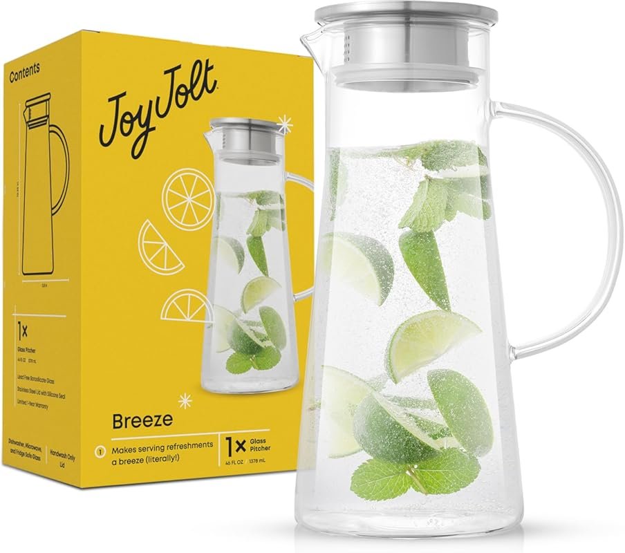 JoyJolt 50oz Borosilicate Glass Pitcher with Lid, for Iced Tea, Juice,